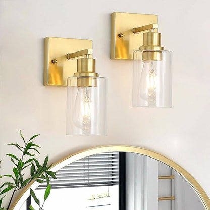 Living Room Wall Light fixtures 2 Pack, Brushed Gold Vanity Lights with Glass Shade, Farmhouse Modern Wall sconces for Gallery ，Mirror,Bedroom,Bathroom