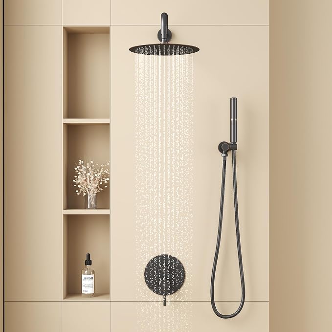 BESy Shower System with 10 Inch Round Rain Shower Head and Handheld Wall Mounted, High Pressure Rainfall Shower Faucet Fixture Combo Set with 2 in 1 Handheld Showerhead for Bathroom, Bronze
