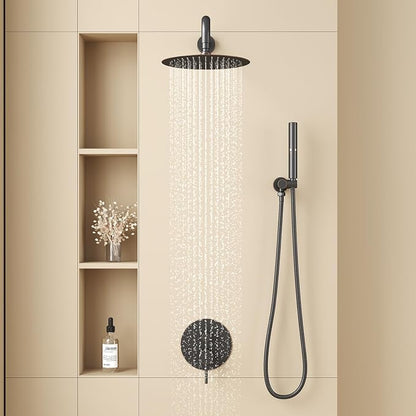BESy Shower System with 10 Inch Round Rain Shower Head and Handheld Wall Mounted, High Pressure Rainfall Shower Faucet Fixture Combo Set with 2 in 1 Handheld Showerhead for Bathroom, Bronze