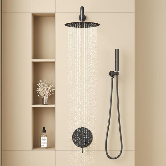 BESy Shower System with 10 Inch Round Rain Shower Head and Handheld Wall Mounted, High Pressure Rainfall Shower Faucet Fixture Combo Set with 2 in 1 Handheld Showerhead for Bathroom, Bronze