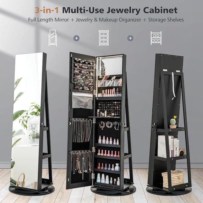 CHARMAID 360° Swivel Jewelry Armoire with Full Length Mirror, Rear Storage Shelves, Lockable Standing Jewelry Cabinet Organizer with Interior Vanity Mirror and 3-Color Lights (Black)