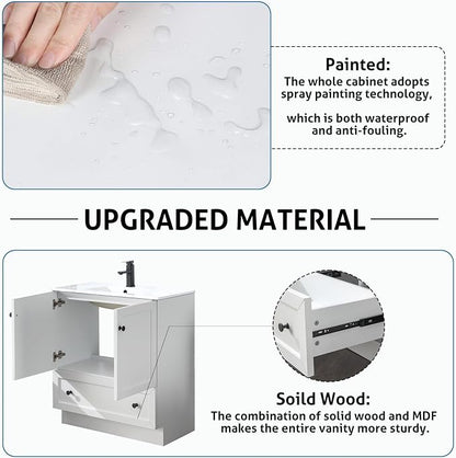LUCKWIND 30" Farmhouse Bathroom Vanity with Sink Combo, Rustic Modern Bathroom Cabinet with Undermount Solid Surface Single Sink, Soft-Close Hinges & Water-Saving Faucet, White