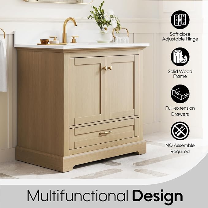 WELLFOR 36" Bathroom Vanity with Sink, Bathroom Freestanding Vanity W/ 2 Soft-Close Doors and 1 Soft-Close Drawers, Bathroom Cabinet Vanity with Cultured Marble Countertop (Oak)