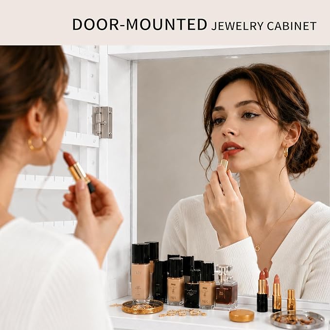 Lockable Jewelry Cabinet Organizer with Full Length Mirror, 6 Auto LED Lights, Wall & Over Door Mount Jewelry Armoire with Earring Slots, Necklace Hooks, Foldable Makeup Shelf
