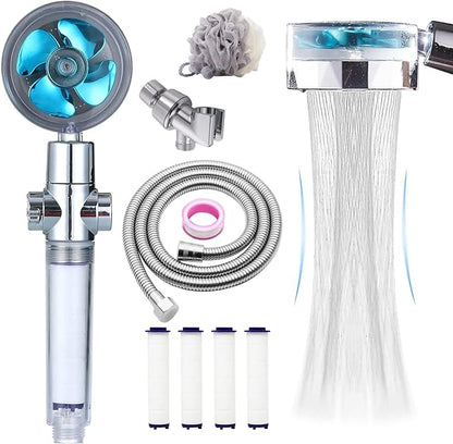 CWPW High Pressure Shower Heads, Handheld Turbo Fan Shower, Hydro Jet Shower Head with 79 Inch Hose,Bracket,Cotton Filters and Bath Loofah, One Key Pause Switch 360 Degrees Rotating (Blue with hose)