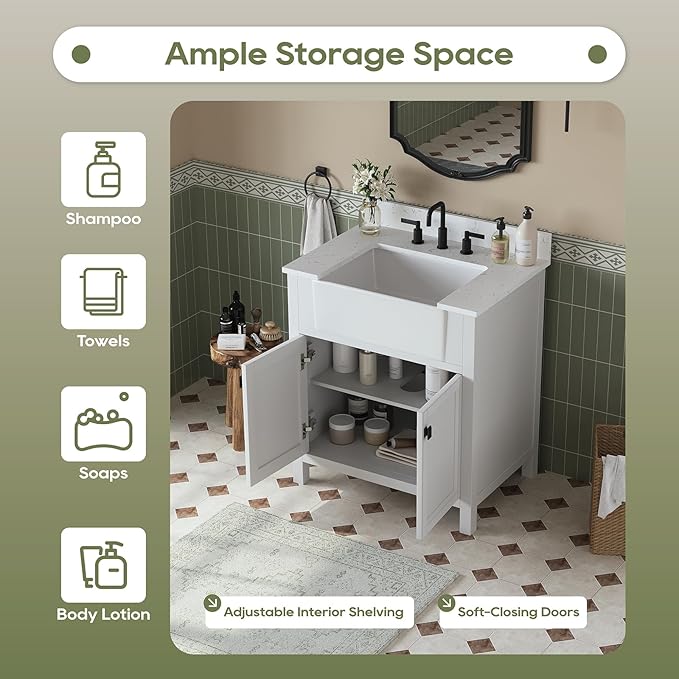 30 Inch Bathroom Vanity with Sink, Farmhouse Single Sink Bathroom Vanity with Adjustable Feet, Bathroom Storage Cabinet with Soft Closing Doors, Apron Farm Sink, White