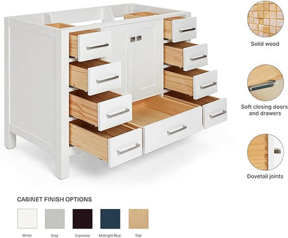 ARIEL Cambridge 42-inch Bathroom Vanity Base Cabinet,Solid Wood, 2 Soft Closing Doors, 9 Dovetail Drawers, White
