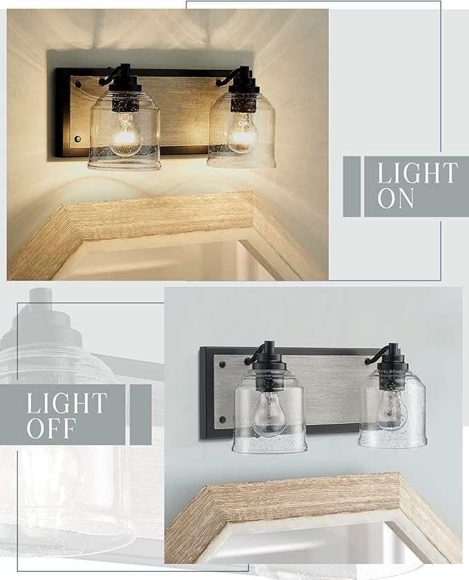 Vanity Lights for Bathroom Large 15.8", Farmhouse Rustic Vanity Light with Bubble Glass Shades, Gray 2 Light Bathroom Lighting Fixtures Over Mirror, Bath Wall Sconce Home Decor