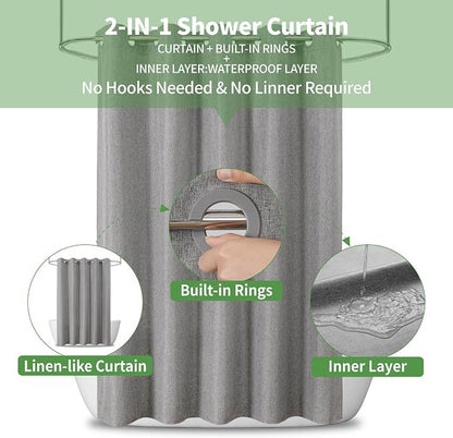Long No Hooks & No Liner Needed Fabric Shower Curtain,71"Wx80"L,Grey | Linen Texture,100% Waterproof TPU Laminated Layer,Bottom Magnets,Machine Washable,Hotel Style Bathroom Curtain For Shower,Tub