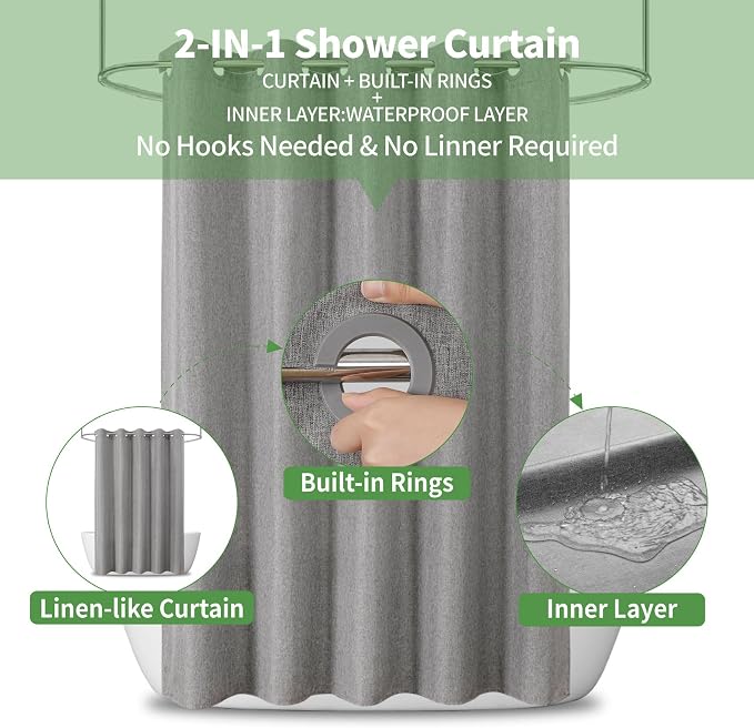 Extra Long No Hooks & No Liner Needed Fabric Shower Curtain,71"Wx86"L,Grey | Linen Texture,100% Waterproof TPU Laminated Layer,Bottom Magnets,Machine Washable,Hotel Style Bathroom Curtain For Shower,Tub