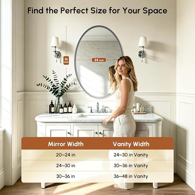 Brushed Nickel Oval Bathroom Mirror 24x36 Inch | Silver Vanity Mirror, Crystal-Clear HD Glass, Rust-Proof Aluminum Frame, Inner-Curved Decor for Bedroom, Entryway Renovation