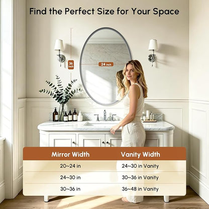Brushed Nickel Oval Bathroom Mirror 24x36 Inch | Silver Vanity Mirror, Crystal-Clear HD Glass, Rust-Proof Aluminum Frame, Inner-Curved Decor for Bedroom, Entryway Renovation