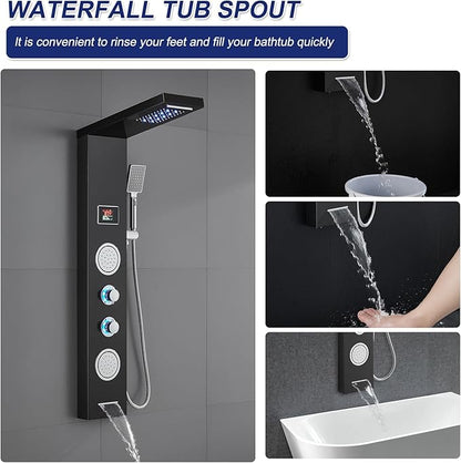 ROVATE LED Shower Panel Tower System - Rainfall Waterfall Shower, Round Body Jets, Handheld and Tub Spout, Digital Temp-Display, LED Knob, No Battery Needed 5-in-1 Stainless Steel Shower Column Black