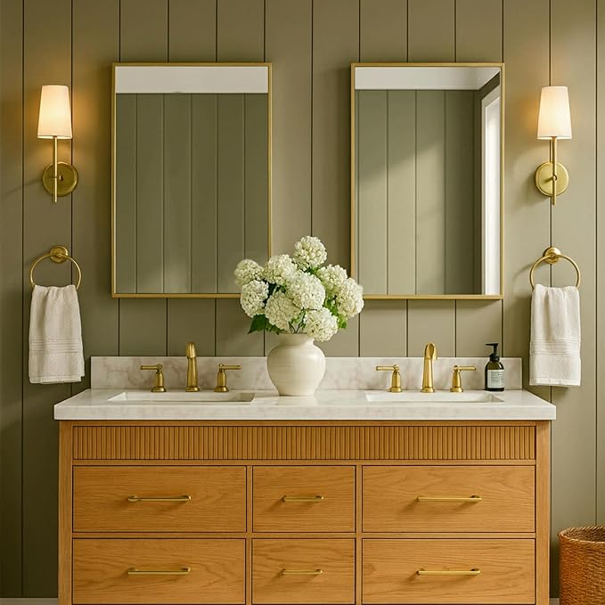 TEHOME 17.5'' x 29'' Brushed Gold Recessed and Surface Mount Bathroom Medicine Cabinet with Mirror Brushed Gold Square Cornered Metal Framed Rounded Rectangle Medicine Cabinet Mirror