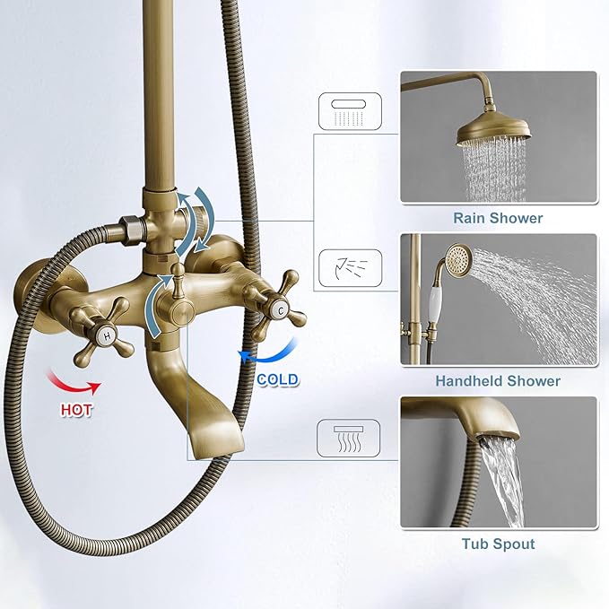 BWE Exposed Bathroom Shower Faucet Set Antique Brass Bathroom Shower Faucet Triple Functions 8 Inch Rainfall Shower Head Handheld Spray with Tub Spout Exposed Shower System Double Handle