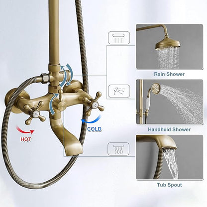 BWE Exposed Bathroom Shower Faucet Set Antique Brass Bathroom Shower Faucet Triple Functions 8 Inch Rainfall Shower Head Handheld Spray with Tub Spout Exposed Shower System Double Handle
