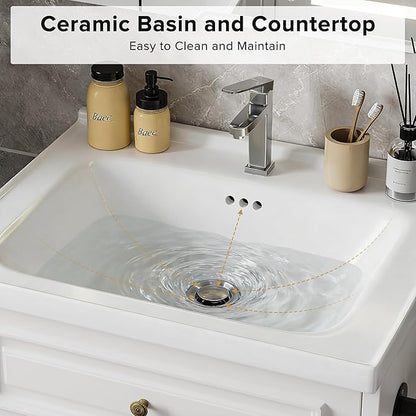 24" Bathroom Vanity with Sink, Floating Bathroom Vanity with with Marble Ceramic Basin Top and 2 Storage Drawers, Modern Storage Cabinet for Small Space, White