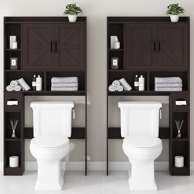 Vabches Over The Toilet Storage Cabinet with 2 Barn Doors, Caramel | Farmhouse Storage Cabinet with Toilet Paper Holder Stand，Home Space-Saving Toilet Rack, for Bathroom, Restroom, Laundry