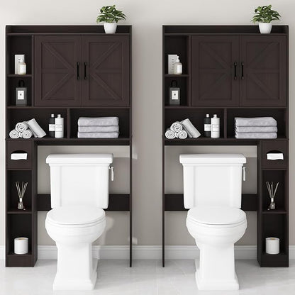 Vabches Over The Toilet Storage Cabinet with 2 Barn Doors, Caramel | Farmhouse Storage Cabinet with Toilet Paper Holder Stand，Home Space-Saving Toilet Rack, for Bathroom, Restroom, Laundry