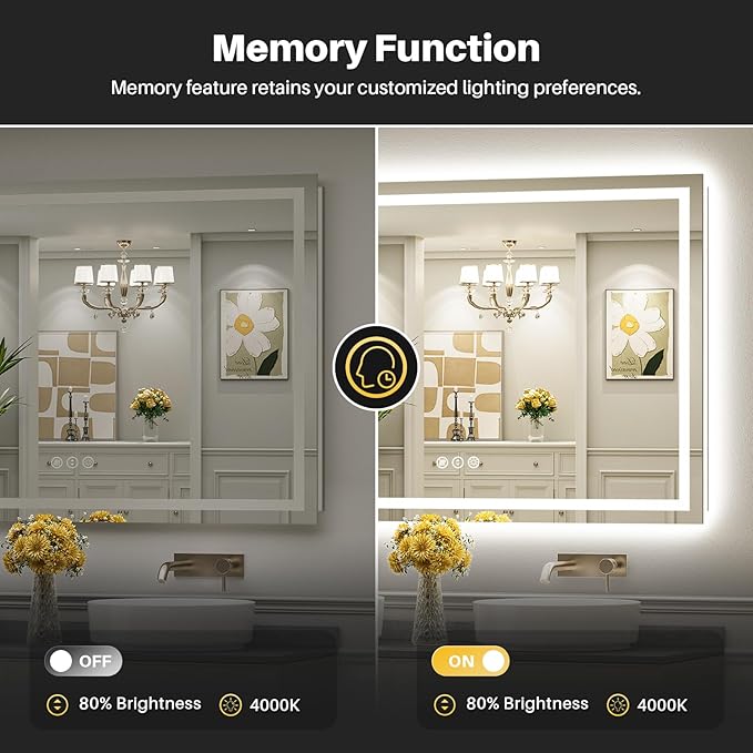 60x40 Inch LED Bathroom Mirror with Lights, Backlit & Front Lit, Anti-Fog Lighted Bathroom Vanity Mirror for Wall, Memory Function, Dimmable, HD Tempered Glass, Shatter-Proof