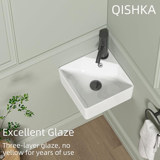 Wall Mount Corner Bathroom Sink, QISHKA 12" X 12" Square Floating Ceramic Wash Hand Basin Small White Wall Mount Vanity Sink with Single Faucet Hole and Overflow