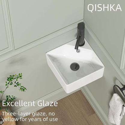Wall Mount Corner Bathroom Sink, QISHKA 12" X 12" Square Floating Ceramic Wash Hand Basin Small White Wall Mount Vanity Sink with Single Faucet Hole and Overflow