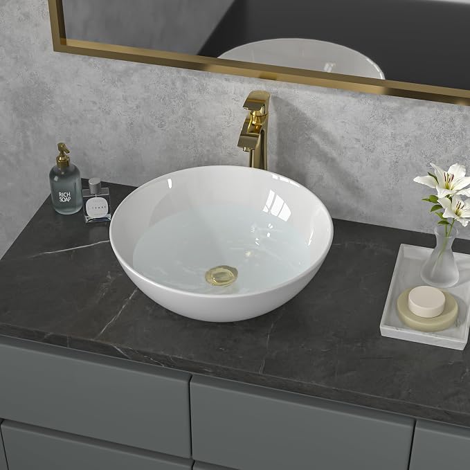 Sarlai Vessel Sink Round - 16"x16" Modern Round Bowl Above Counter White Porcelain Ceramic Bathroom Vessel Vanity Sink Art Basin