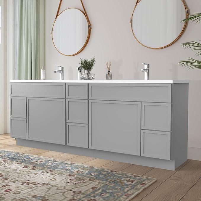 HomeBeyond 84 Inches Bathroom Vanity Base Cabinet Without Sink, Double Sink Top with Door & Soft Closing Drawers, Sturdy Floor Mounted Cabinet 2-Door 7-Drawer, Grey