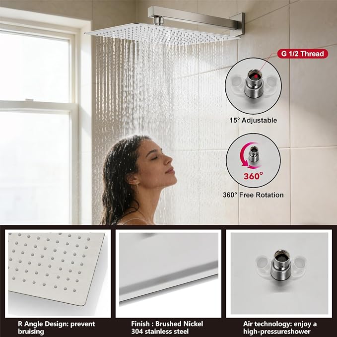 Midanya Shower System with Tub Spout,16 Inch Shower Head,Brushed Nickel | with Valve & Trim Kit,Square Rain Head,Handheld Sprayer,Waterfall Spout,All Metal Wall Mount Bathroom Shower Tub Faucet Set