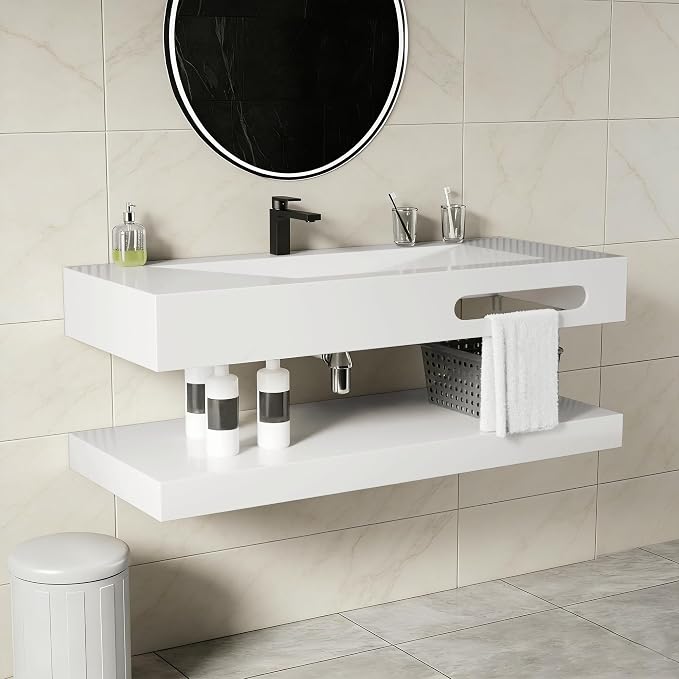 Wall-Mounted Resin Stone 40" Bathroom Sink, Seamless Integrated Vessel Sink with Sloped Design & Open Storage Shelf, Modern Floating Vanity for Bathrooms & Outdoor Spaces