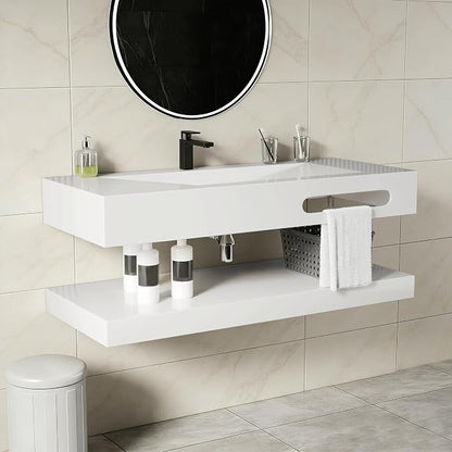 Wall-Mounted Resin Stone 40" Bathroom Sink, Seamless Integrated Vessel Sink with Sloped Design & Open Storage Shelf, Modern Floating Vanity for Bathrooms & Outdoor Spaces