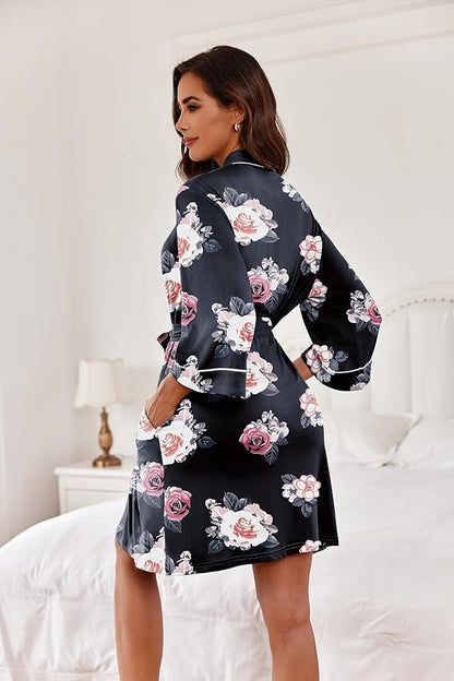 Ekouaer Women Kimono Robes Knee Length Knit Bathrobe Lightweight Soft Sleepwear V-neck Casual Ladies Loungewear
