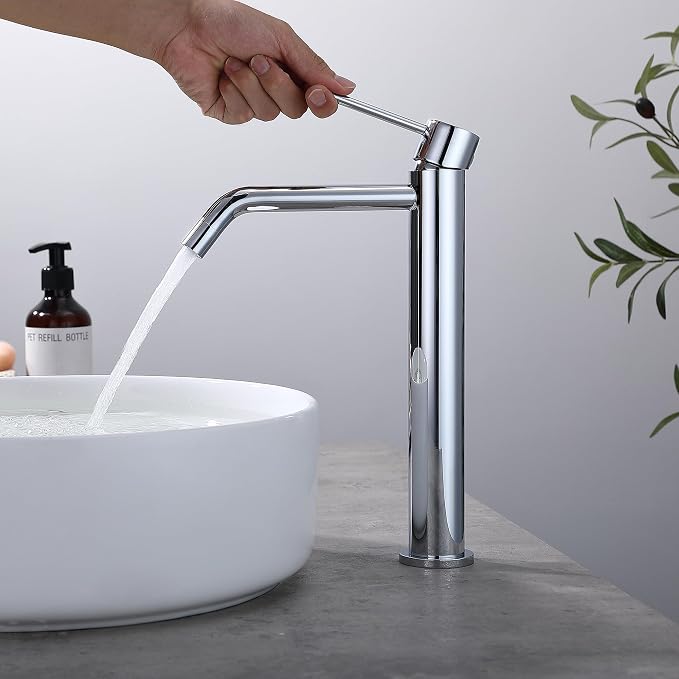 Chrome Tall Bathroom Faucet with Sink Drain and Supply Lines, JXMMP Single Handle Vessel Sink Faucet Chrome Single Hole, Stainless Steel Vessel Faucet JXM1001CP