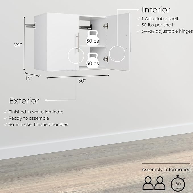 Prepac HangUps 30" Upper Garage Cabinet, Bathroom Cabinet Wall Mount, Ideal for Garage, Kitchen and Laundry Organization 30" W x 24" H x 16" D, White