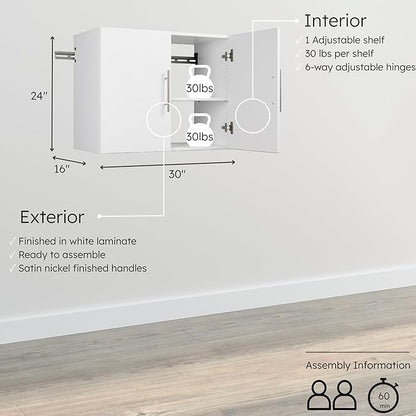 Prepac HangUps 30" Upper Garage Cabinet, Bathroom Cabinet Wall Mount, Ideal for Garage, Kitchen and Laundry Organization 30" W x 24" H x 16" D, White