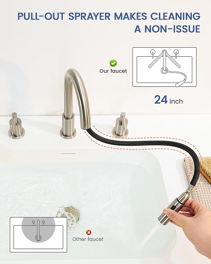 Bathroom Faucet 3 Holes - Brushed Nickel Bathroom Faucet with Sprayer - Widespread Sink Faucets 2 Handles - Pull Down Vanity Faucets with Pop Up Drain and Supply Lines
