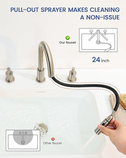 Bathroom Faucet 3 Holes - Brushed Nickel Bathroom Faucet with Sprayer - Widespread Sink Faucets 2 Handles - Pull Down Vanity Faucets with Pop Up Drain and Supply Lines