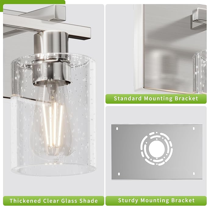 4-Light 30inch Brushed Nickel Vanity Light, Thickened Seeded Glass | Over Mirror for Bathroom, Rust Resistant, E26 Base, Easy Install, Removable Glass Shade Horizontal Mount, Dimmable