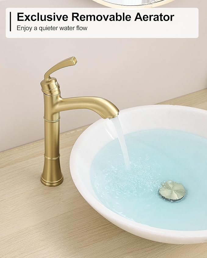 Brass Gold Vessel Sink Faucet, Tall Single Hole Bathroom Faucet for Vessel Sink Single Handle with Pop-Up Drain & Pre-Installed Hoses