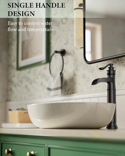 Matte Black Vessel Sink Faucets Waterfall Bathroom Faucet Single Handle | 1 Hole Brass for Lavatory Farmhouse with Pop Up Drain Mixer Tap Without Overflow Supply Line by Homevacious