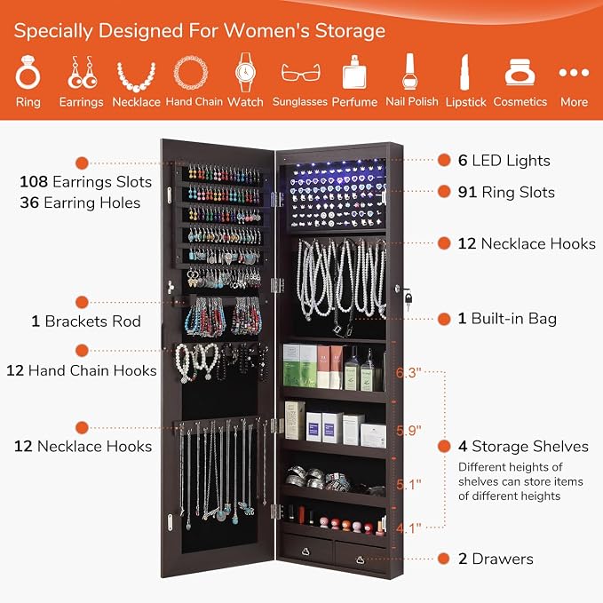 GISSAR Full Length Mirror Jewelry Cabinet, 6 LEDs Jewelry Armoire Wall Mounted Over The Door Hanging, Jewelry Organizer Storage with Lights Lockable, Brown, 14.6" x 47.2"