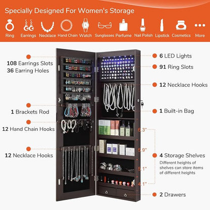 GISSAR Full Length Mirror Jewelry Cabinet, 6 LEDs Jewelry Armoire Wall Mounted Over The Door Hanging, Jewelry Organizer Storage with Lights Lockable, Brown, 14.6" x 47.2"