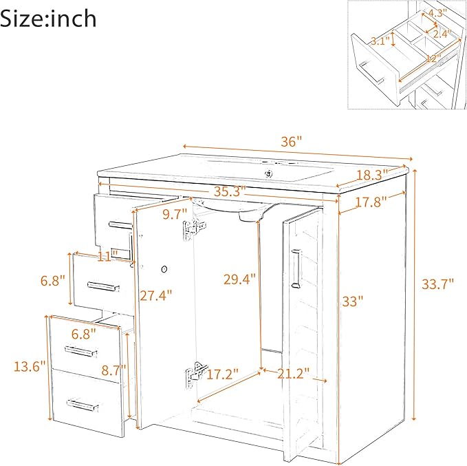 Merax Herringbone Single Sink Bathroom Vanity, Freestanding 36" Modern Bathroom Vanity Storage Cabinet with 3 Drawers and 2 Doors, Solid Wood Frame