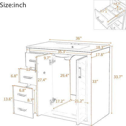 Merax Herringbone Single Sink Bathroom Vanity, Freestanding 36" Modern Bathroom Vanity Storage Cabinet with 3 Drawers and 2 Doors, Solid Wood Frame
