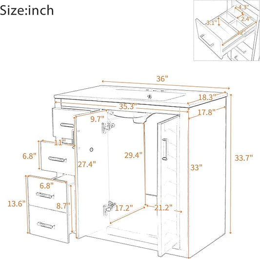 Merax Herringbone Single Sink Bathroom Vanity, Freestanding 36" Modern Bathroom Vanity Storage Cabinet with 3 Drawers and 2 Doors, Solid Wood Frame