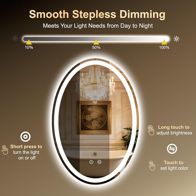 Oval LED Mirror for Bathroom,22x32 Lighted Vanity Mirror with Lights | Smart Anti-Fog, Dimmable 3 Color Modes, Backlit+Frontlit, Memory Function, HD Tempered Glass,Touch Sensor,Horizontal/Vertical