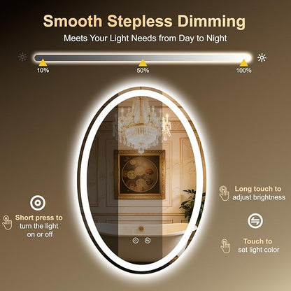 Oval LED Mirror for Bathroom,22x32 Lighted Vanity Mirror with Lights | Smart Anti-Fog, Dimmable 3 Color Modes, Backlit+Frontlit, Memory Function, HD Tempered Glass,Touch Sensor,Horizontal/Vertical