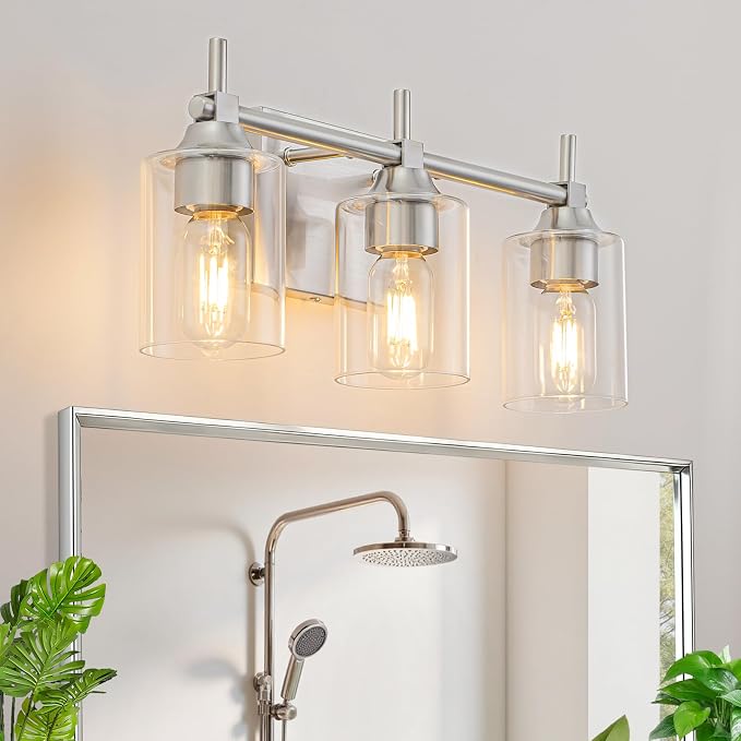 3-Light Modern Bathroom Vanity Light,Brushed Nickel Light Fixtures for Bathroom,Modern Wall Light Over Mirror with Glass E26 Socket (Bulbs Not Included)