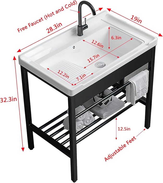 Freestanding Laundry Utility Sink with Washboard | 19" x 28.3" x 32.3" Ceramic Utility Sink with Bracket and Drain Kit for Laundry Room, Utility Room, Garage, Outdoor / Indoor
