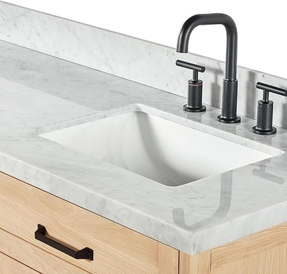 ARIEL Monroe 72-inch Bathroom Vanity with Sink,Solid Wood, 1.5-inch Italian Carrara Marble Countertop & Backsplash, Double Oval Porcelain Sink, 9 Dovetail Drawers, Matte Black, White Oak